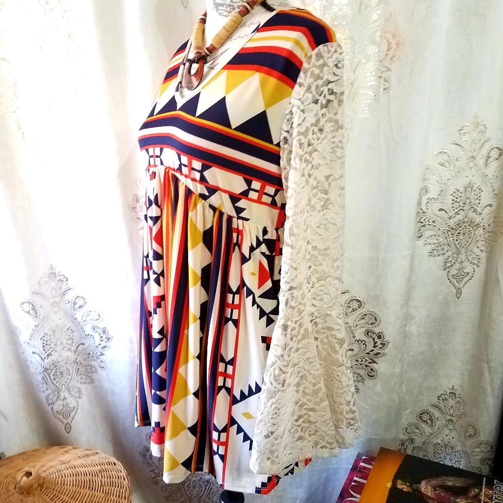 Boho 70s Style Aztec Pattern and Lace Tunic